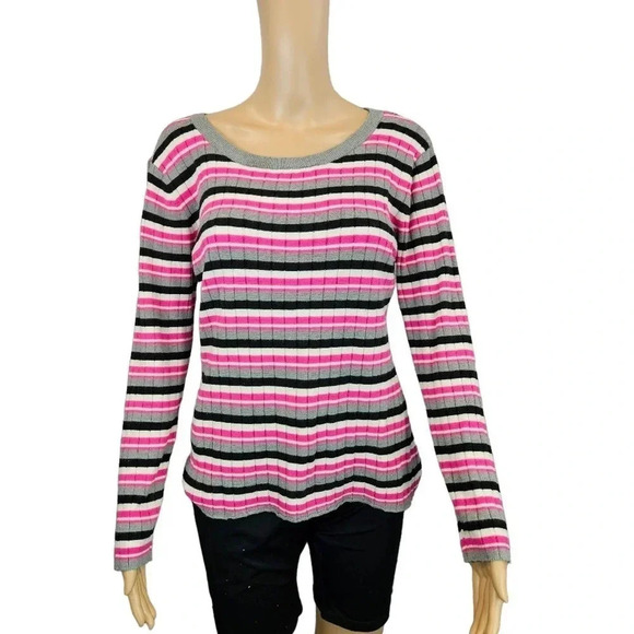 Pink and Black Stripped Ribbed Sweater Long Sleeve Size XL (15/17) No Boundaries - Picture 1 of 9
